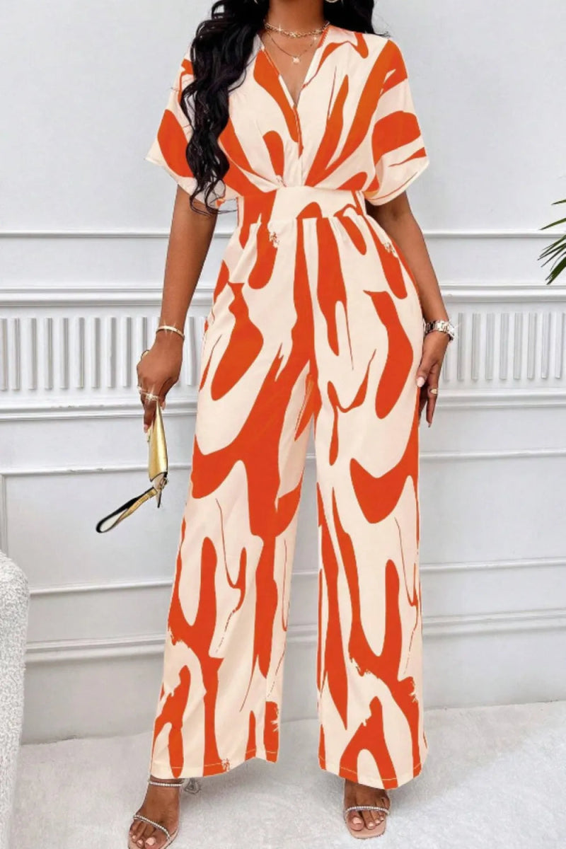 Printed V - Neck Short Sleeve Wide Leg Jumpsuit - Easy Pickins Store