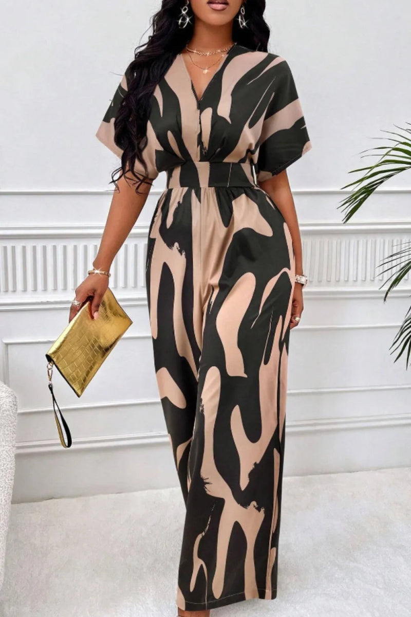 Printed V - Neck Short Sleeve Wide Leg Jumpsuit - Easy Pickins Store