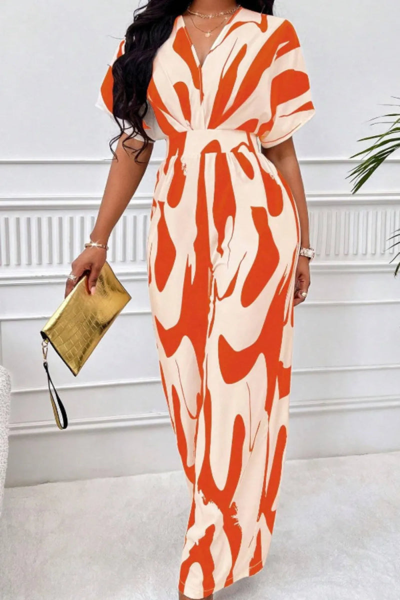 Printed V - Neck Short Sleeve Wide Leg Jumpsuit - Easy Pickins Store