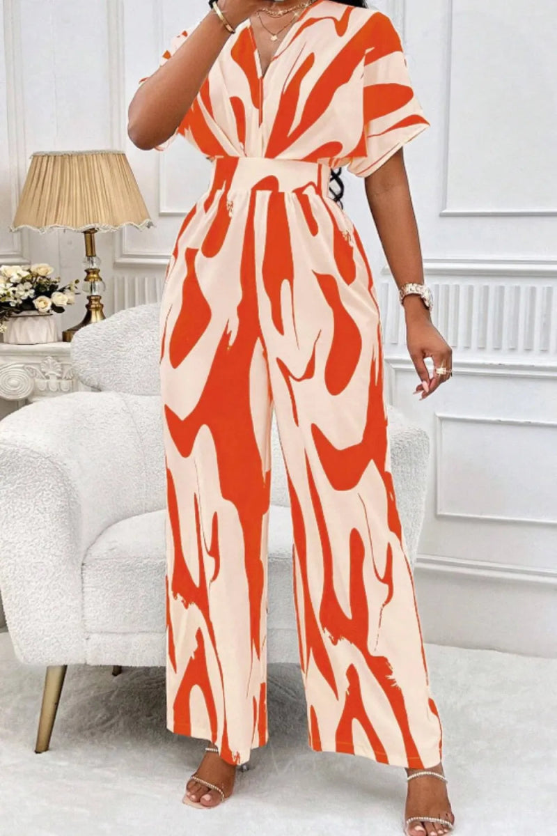 Printed V - Neck Short Sleeve Wide Leg Jumpsuit - Easy Pickins Store