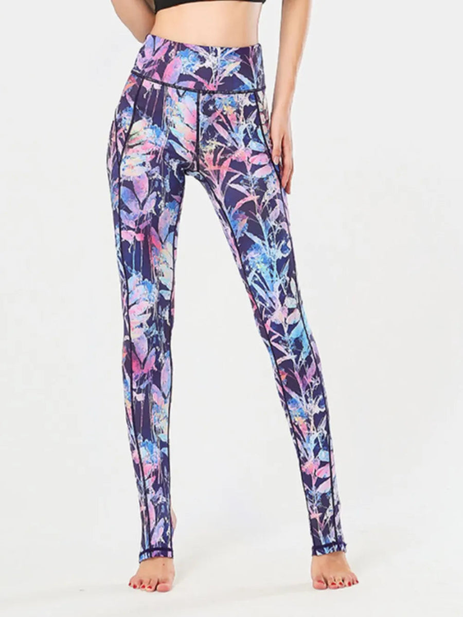 Printed Wide Waistband Active Leggings with Stirrups - Easy Pickins Store