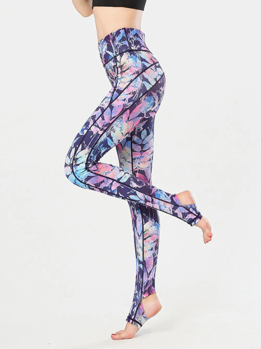 Printed Wide Waistband Active Leggings with Stirrups - Easy Pickins Store