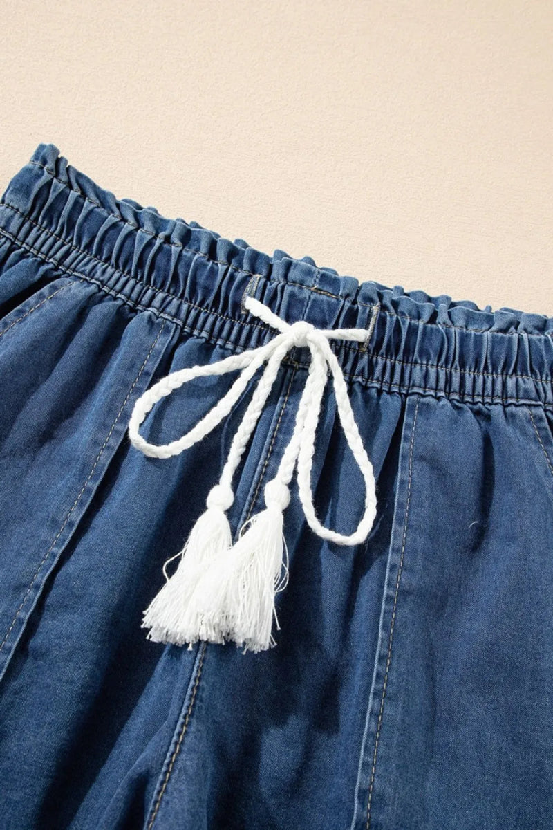 Raw Hem Drawstring High Waist Denim Shorts with Pockets - Easy Pickins Store