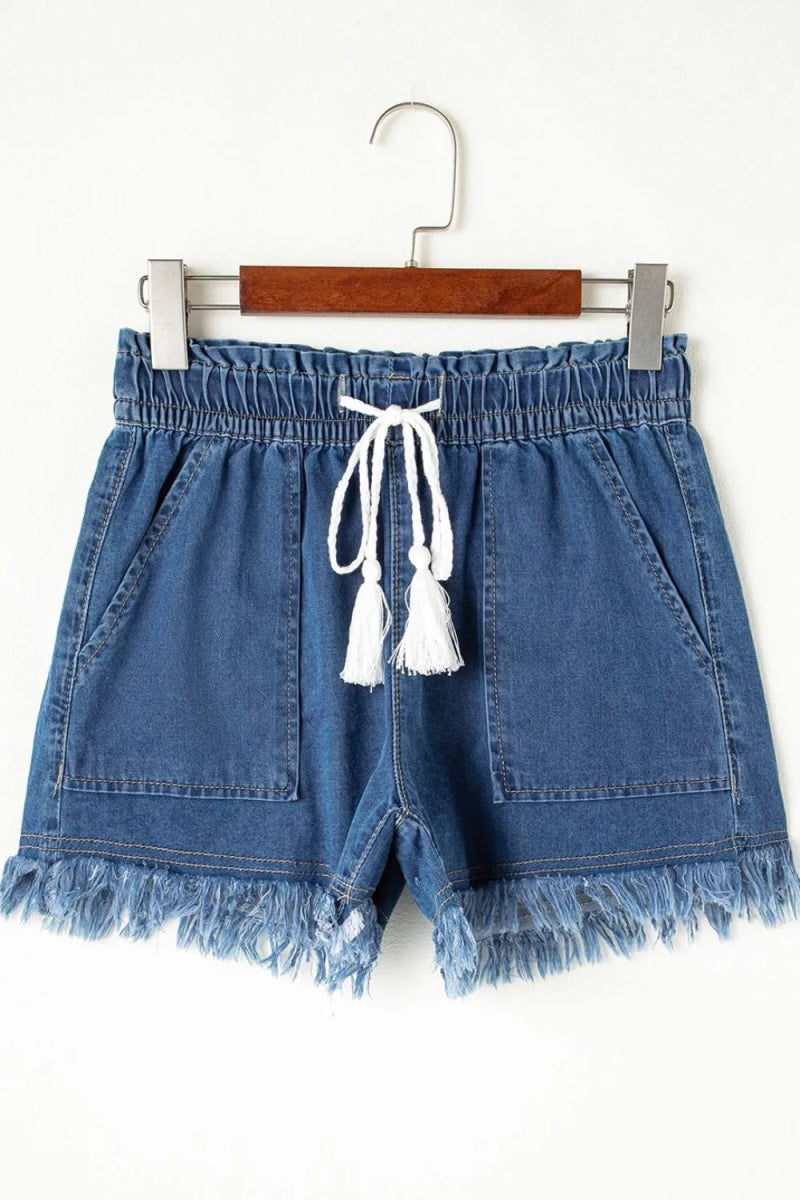 Raw Hem Drawstring High Waist Denim Shorts with Pockets - Easy Pickins Store