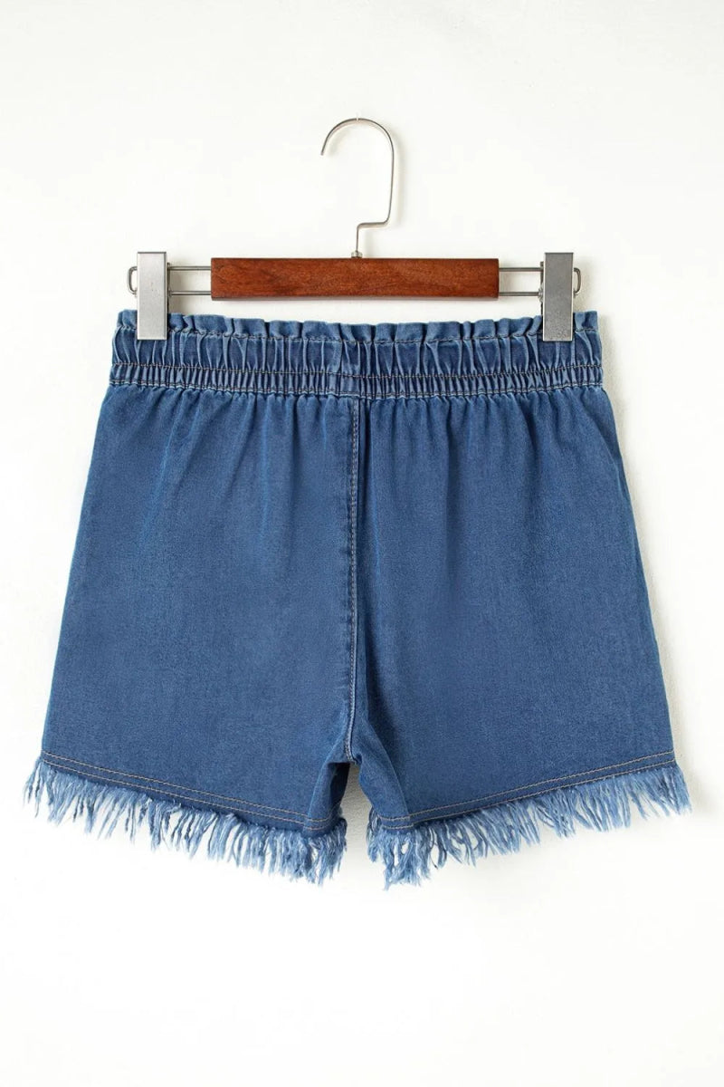 Raw Hem Drawstring High Waist Denim Shorts with Pockets - Easy Pickins Store