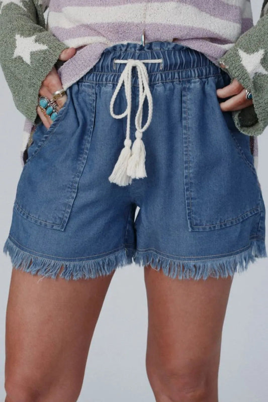 Raw Hem Drawstring High Waist Denim Shorts with Pockets - Easy Pickins Store