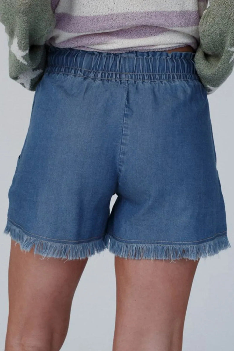 Raw Hem Drawstring High Waist Denim Shorts with Pockets - Easy Pickins Store