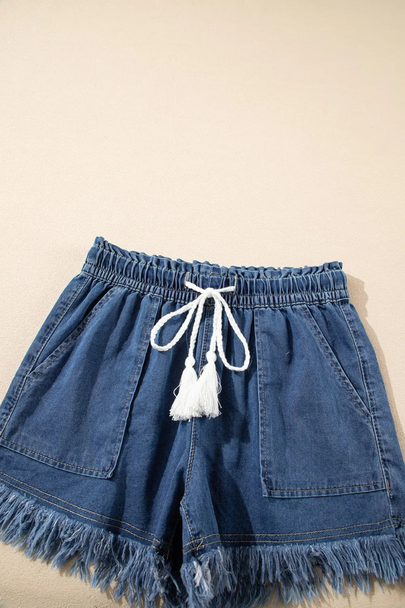 Raw Hem Drawstring High Waist Denim Shorts with Pockets - Easy Pickins Store