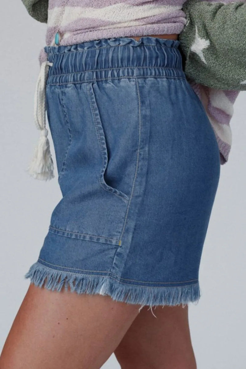 Raw Hem Drawstring High Waist Denim Shorts with Pockets - Easy Pickins Store