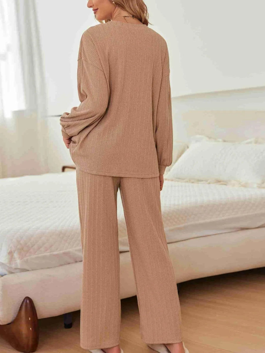 Ribbed Knit Top and Pants Lounge Set with Button Detail - Easy Pickins Store