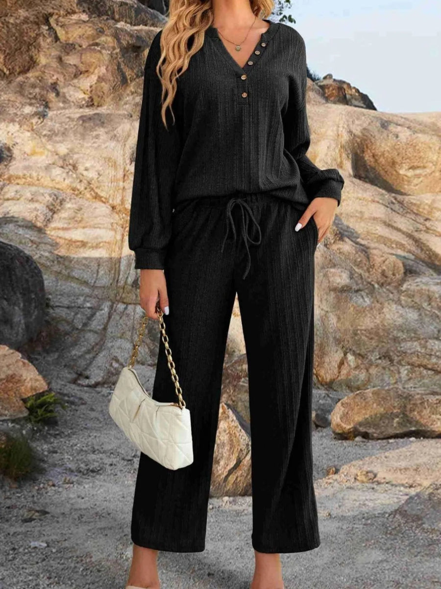 Ribbed Knit Top and Pants Lounge Set with Button Detail - Easy Pickins Store