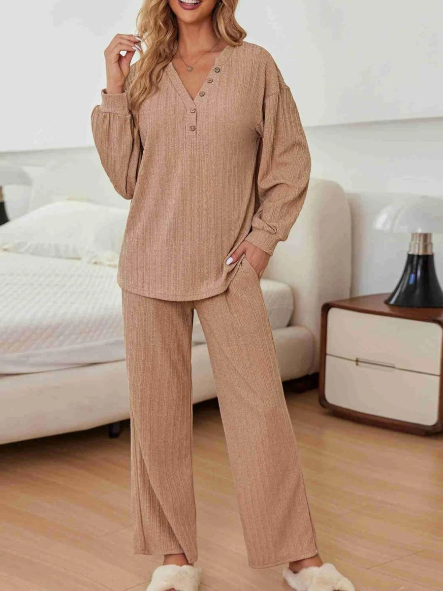 Ribbed Knit Top and Pants Lounge Set with Button Detail - Easy Pickins Store