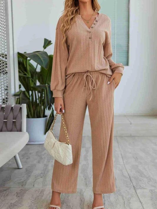 Ribbed Knit Top and Pants Lounge Set with Button Detail - Easy Pickins Store