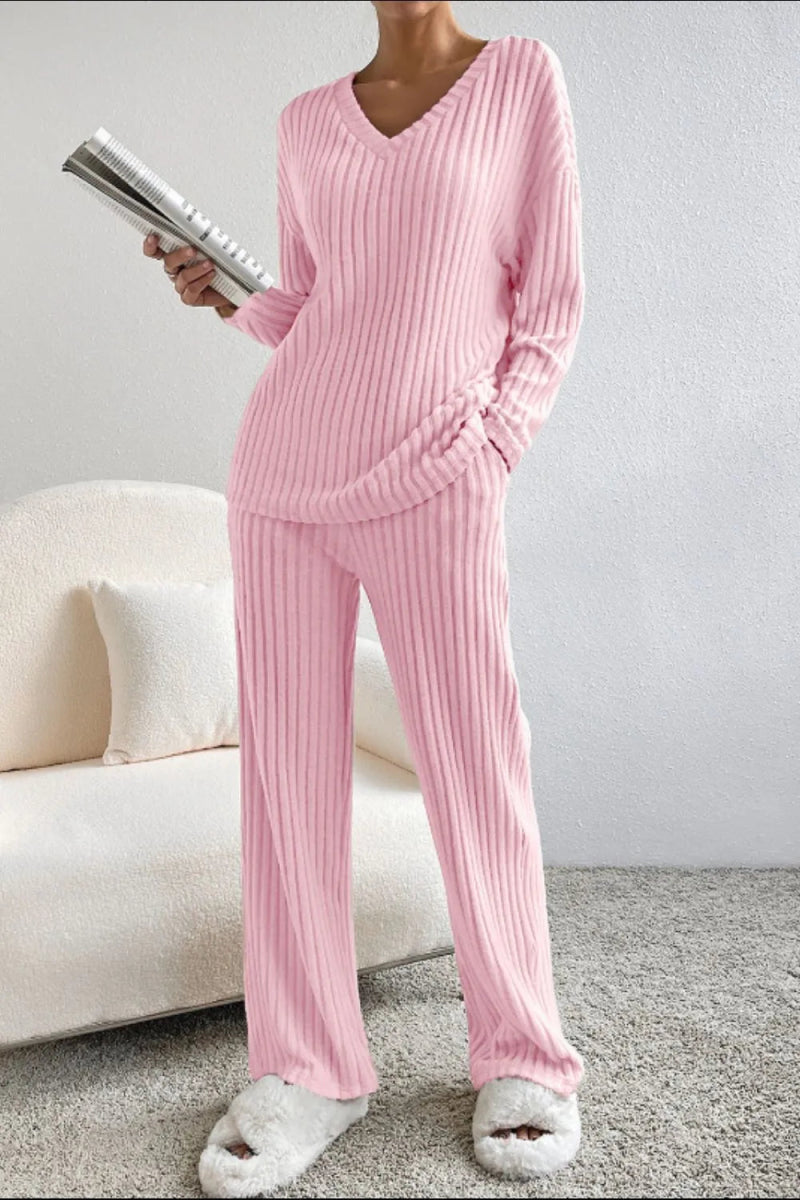 Ribbed V - Neck Top and Pants Lounge Set - Easy Pickins Store