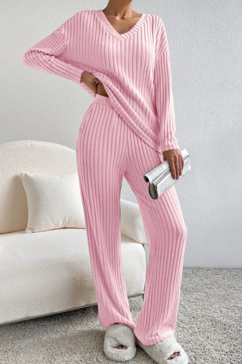 Ribbed V - Neck Top and Pants Lounge Set - Easy Pickins Store