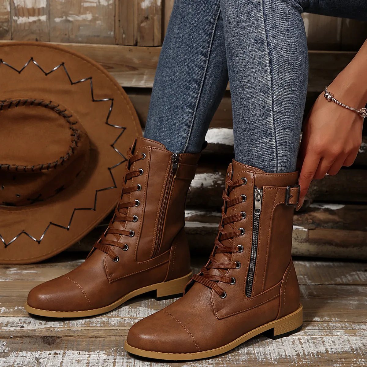 Round Toe Lace Up Block Heels Boots - Easy Pickins Store