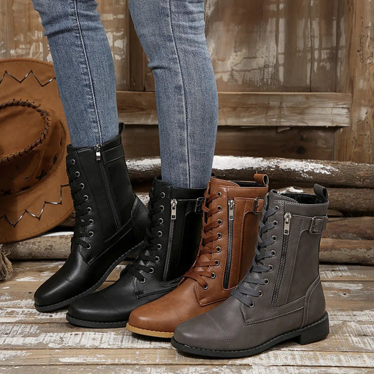 Round Toe Lace Up Block Heels Boots - Easy Pickins Store