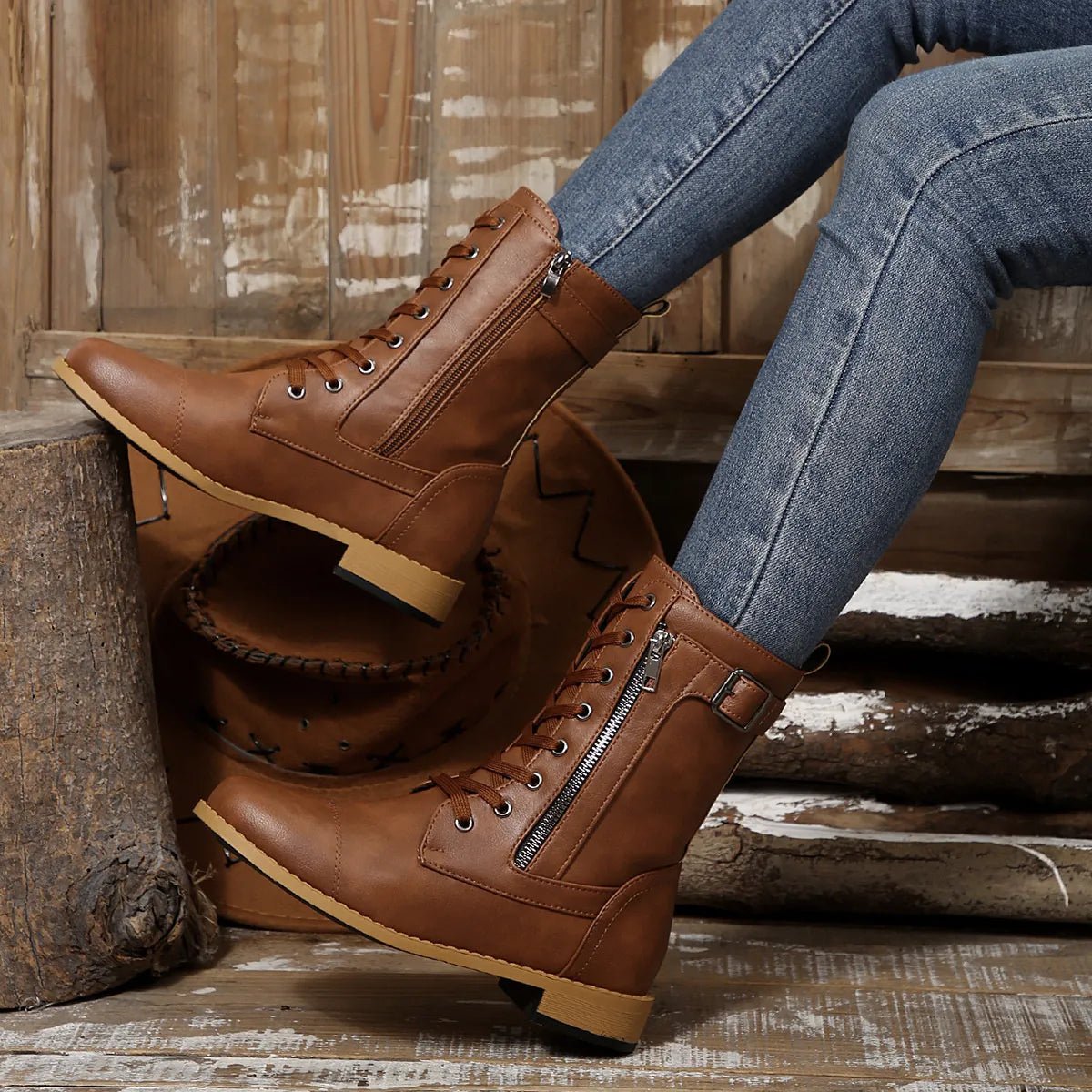 Round Toe Lace Up Block Heels Boots - Easy Pickins Store