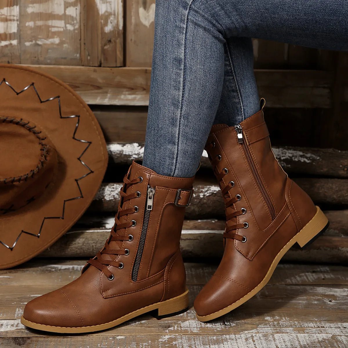 Round Toe Lace Up Block Heels Boots - Easy Pickins Store