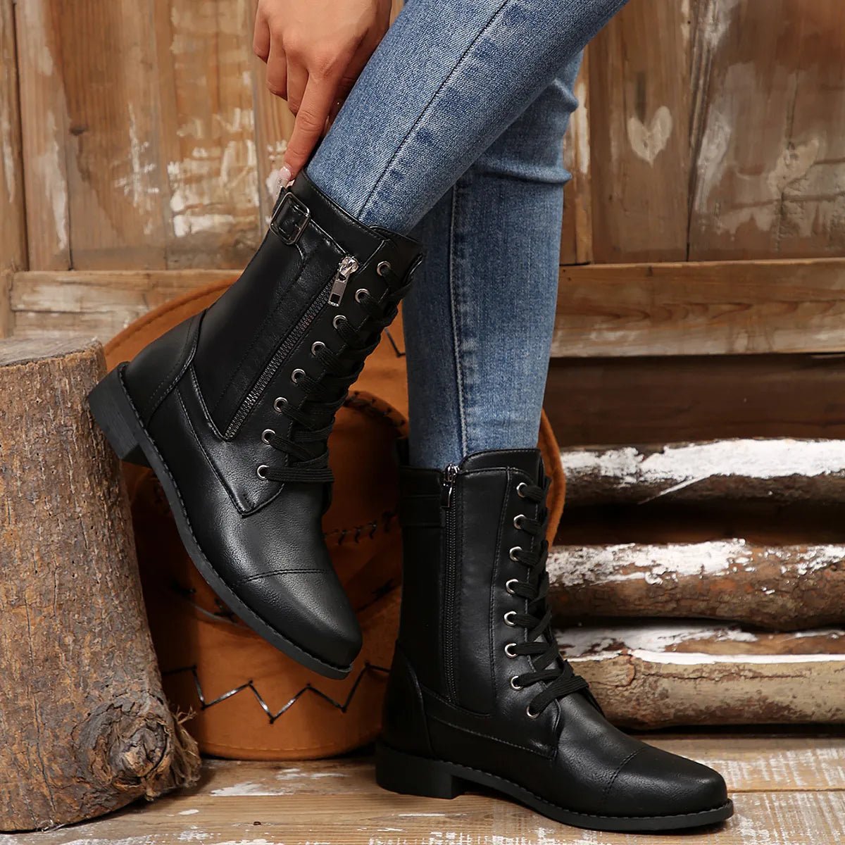 Round Toe Lace Up Block Heels Boots - Easy Pickins Store