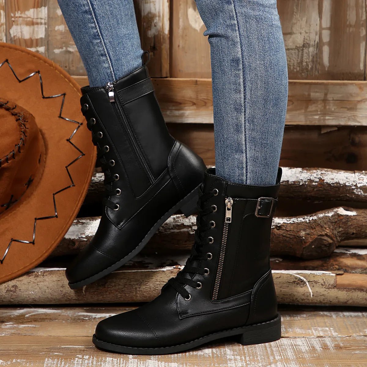 Round Toe Lace Up Block Heels Boots - Easy Pickins Store