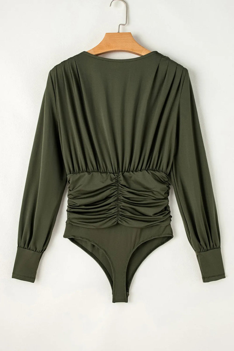 Ruched Surplice Long Sleeve Bodysuit - Easy Pickins Store