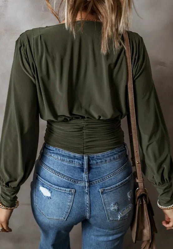 Ruched Surplice Long Sleeve Bodysuit - Easy Pickins Store
