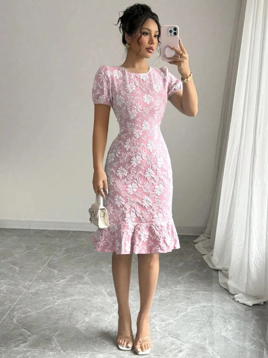 Ruffled Hem Flower Round Neck Short Sleeve Dress - Easy Pickins Store