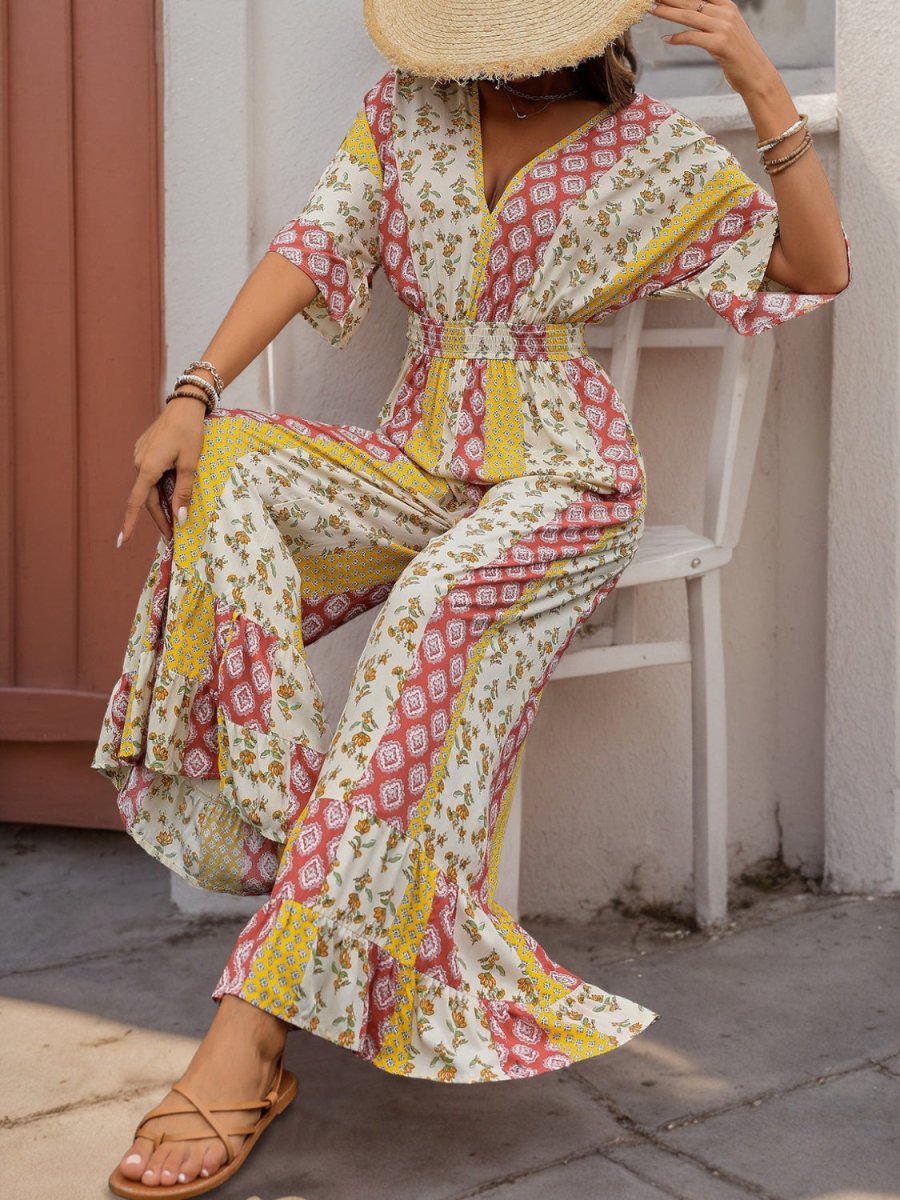 Ruffled Hem Printed V - Neck Jumpsuit - Easy Pickins Store