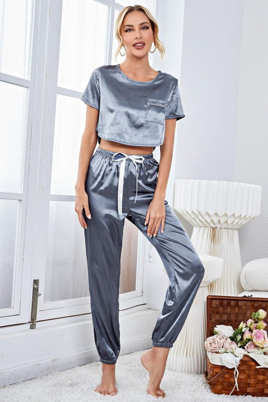 Satin Short Sleeve Crop Top and Joggers Lounge Set - Easy Pickins Store