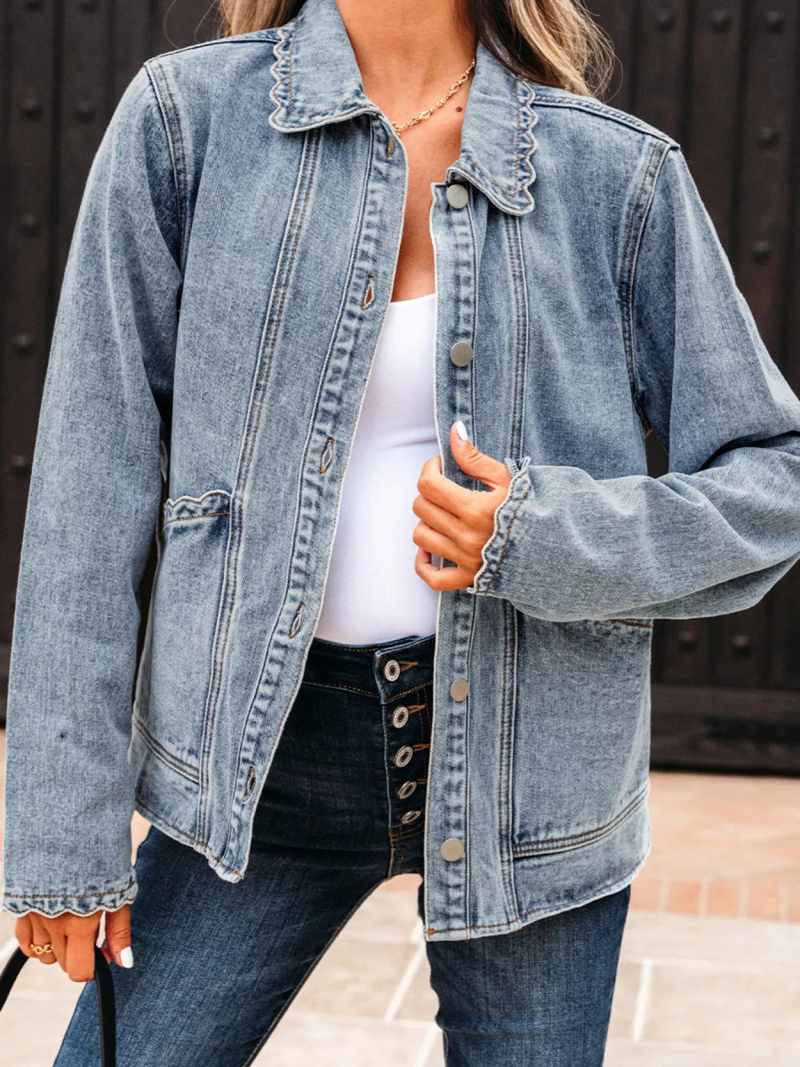Scallop Trim Collar Patched Pocket Button Denim Jacket - Easy Pickins Store