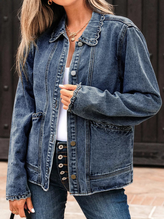 Scallop Trim Collar Patched Pocket Button Denim Jacket - Easy Pickins Store