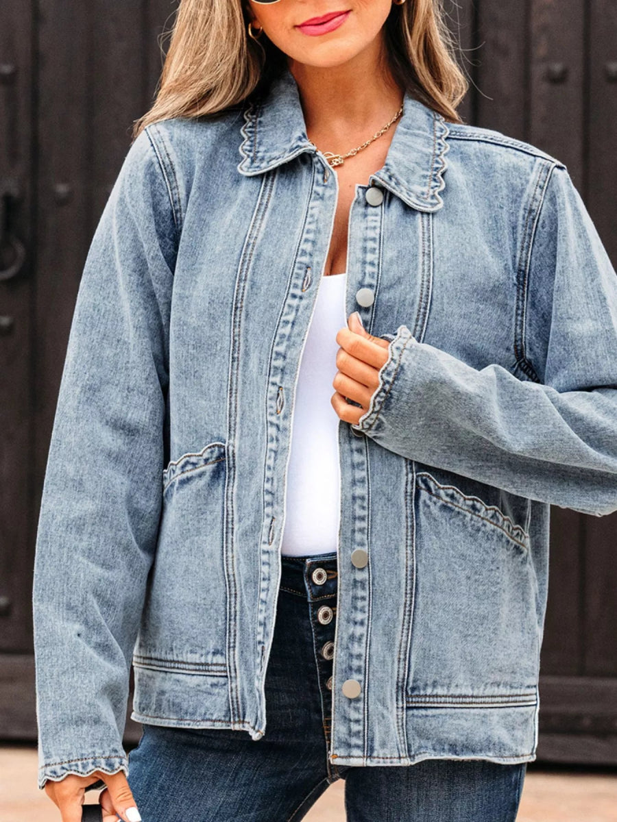 Scallop Trim Collar Patched Pocket Button Denim Jacket - Easy Pickins Store