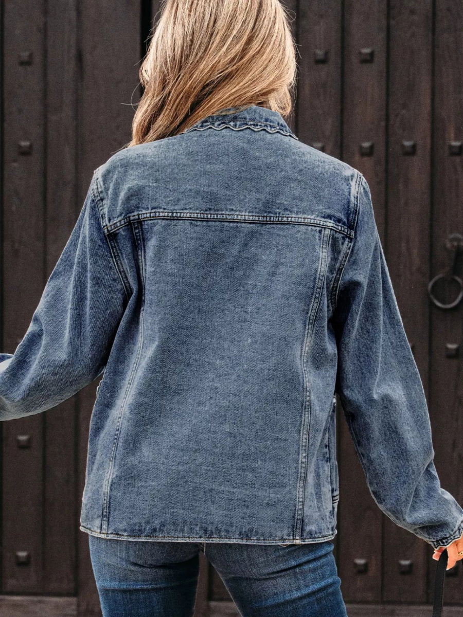 Scallop Trim Collar Patched Pocket Button Denim Jacket - Easy Pickins Store