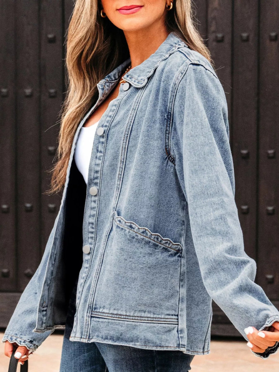 Scallop Trim Collar Patched Pocket Button Denim Jacket - Easy Pickins Store