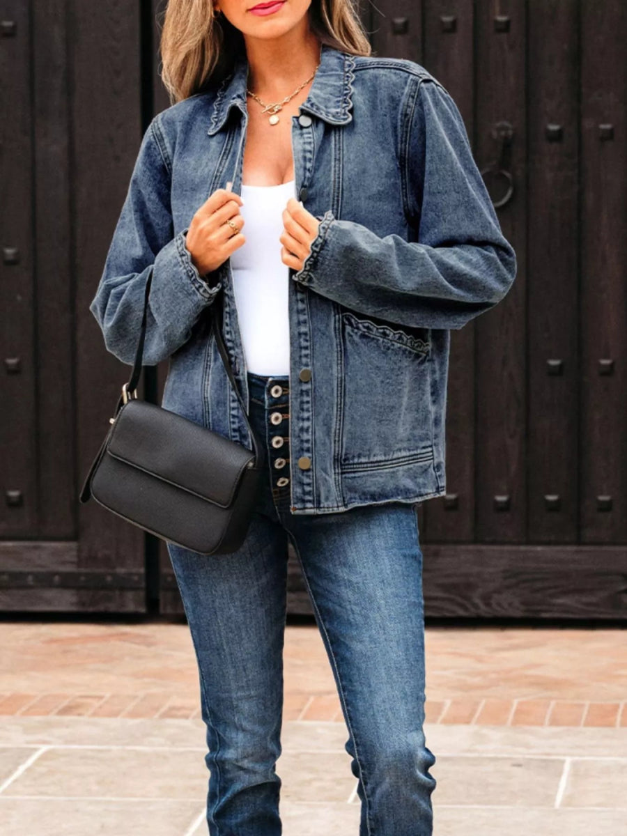 Scallop Trim Collar Patched Pocket Button Denim Jacket - Easy Pickins Store