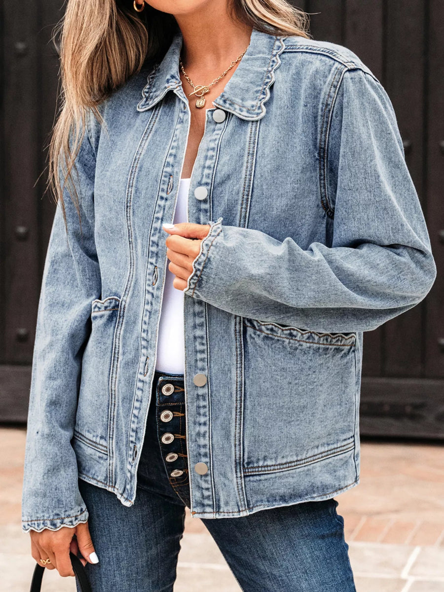 Scallop Trim Collar Patched Pocket Button Denim Jacket - Easy Pickins Store