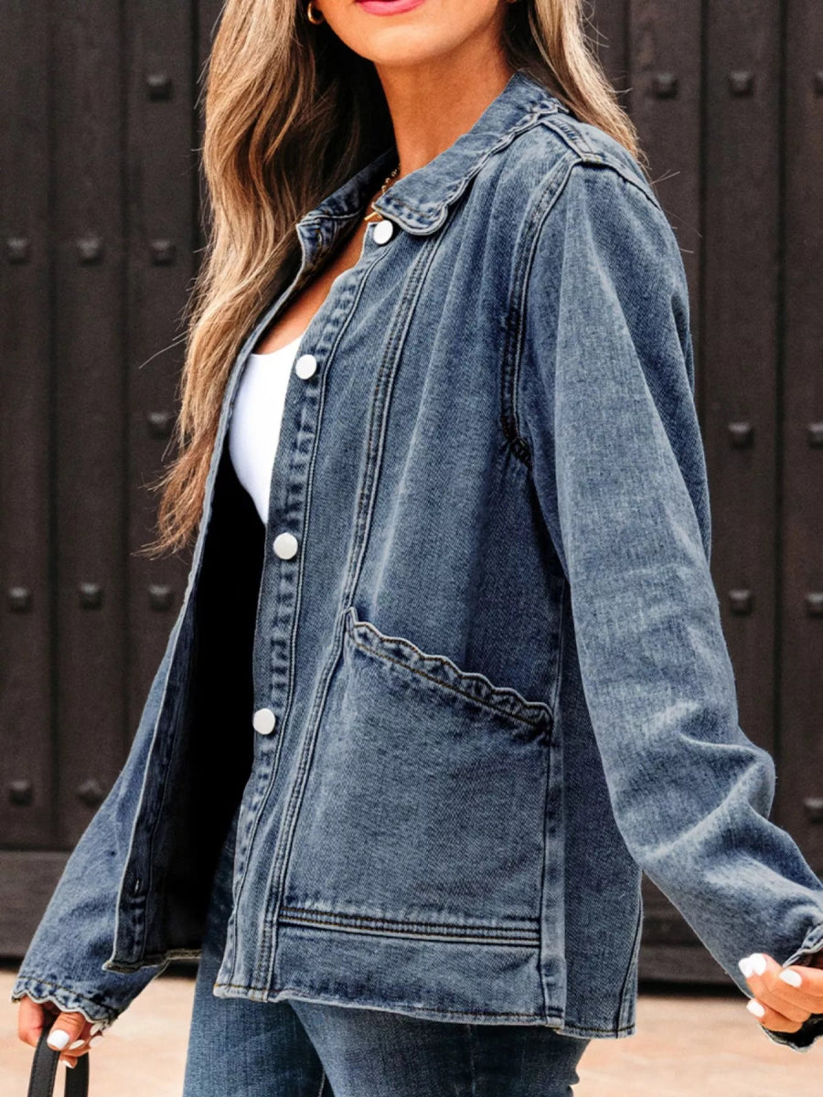 Scallop Trim Collar Patched Pocket Button Denim Jacket - Easy Pickins Store