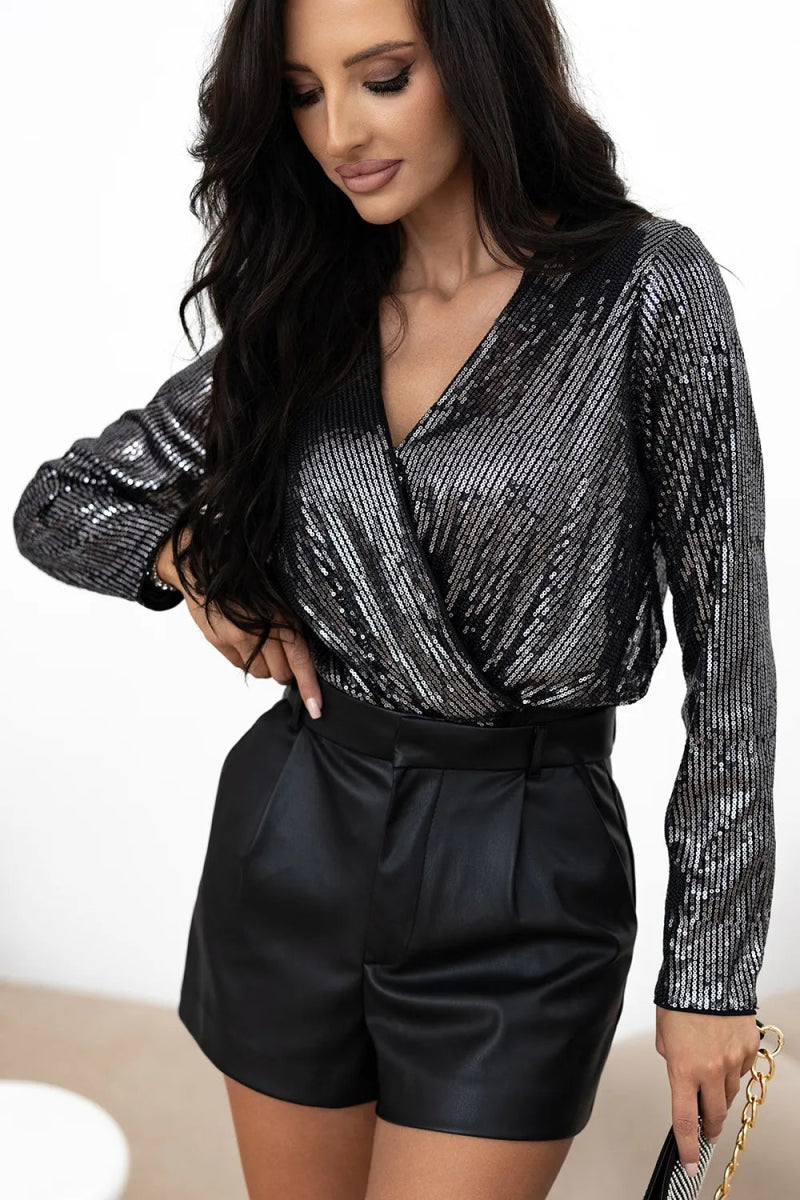Sequin Surplice Long Sleeve Bodysuit - Easy Pickins Store