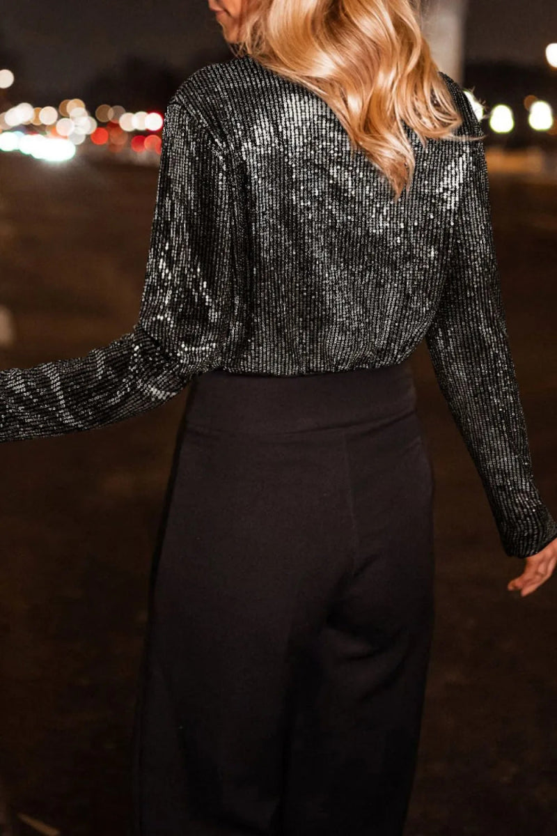 Sequin Surplice Long Sleeve Bodysuit - Easy Pickins Store