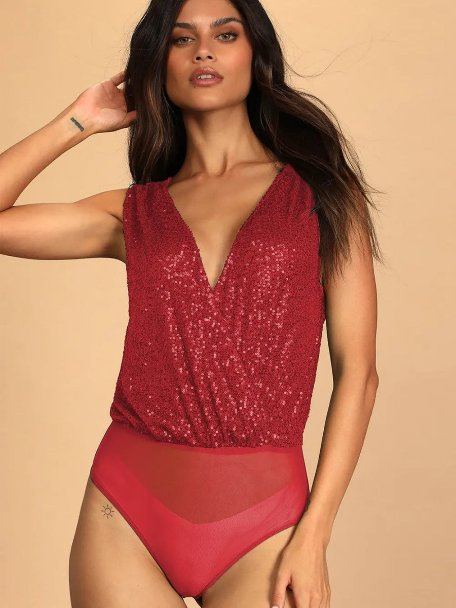 Sequin Surplice Sleeveless Bodysuit - Easy Pickins Store