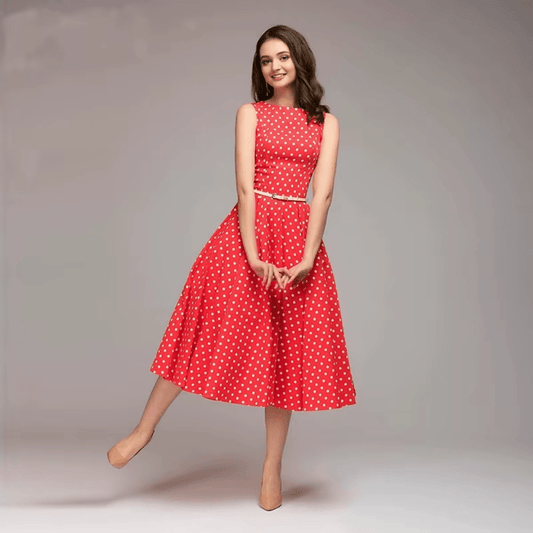 Sleeveless High Waist Retro Polka Dot Long Swing Dress With Belt - Easy Pickins Store