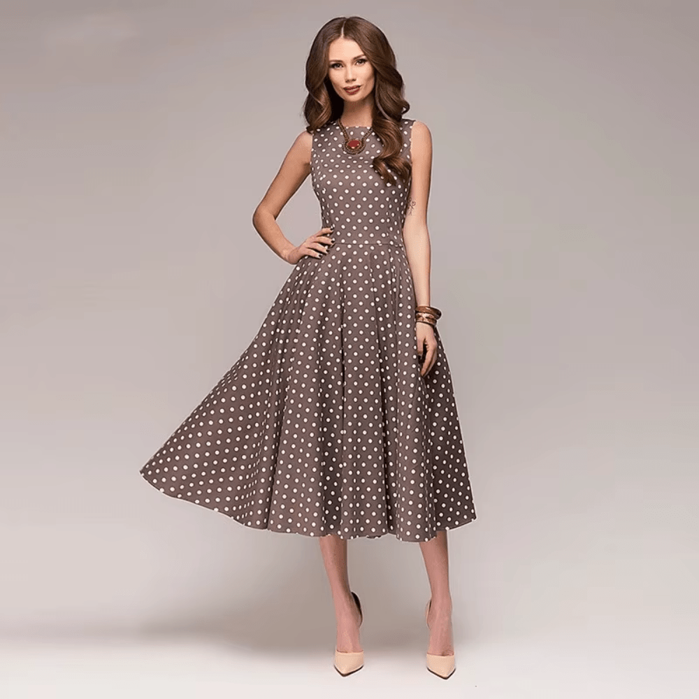 Sleeveless High Waist Retro Polka Dot Long Swing Dress With Belt - Easy Pickins Store