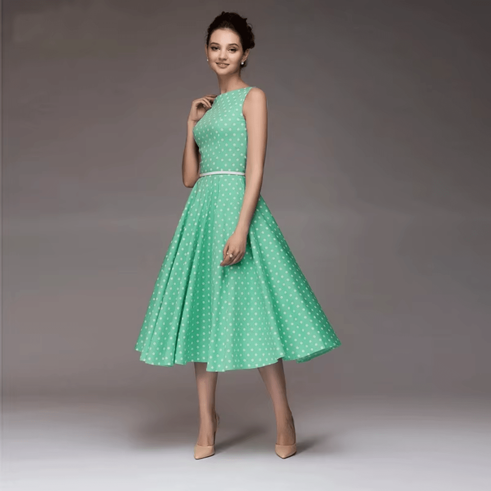 Sleeveless High Waist Retro Polka Dot Long Swing Dress With Belt - Easy Pickins Store