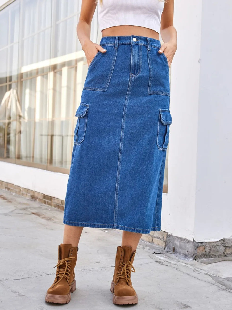 Slit Midi Denim Skirt with Pockets - Easy Pickins Store