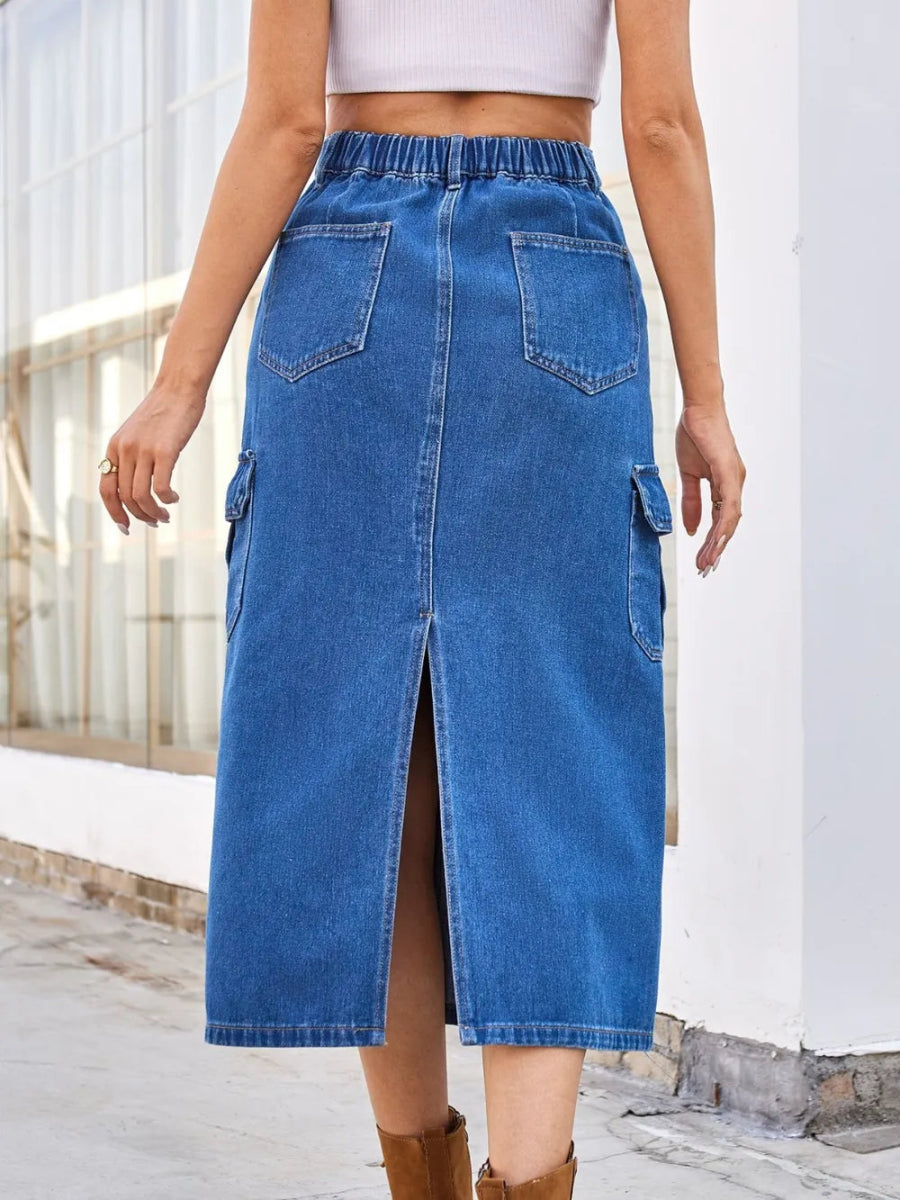 Slit Midi Denim Skirt with Pockets - Easy Pickins Store