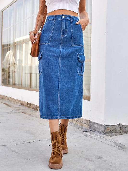 Slit Midi Denim Skirt with Pockets - Easy Pickins Store
