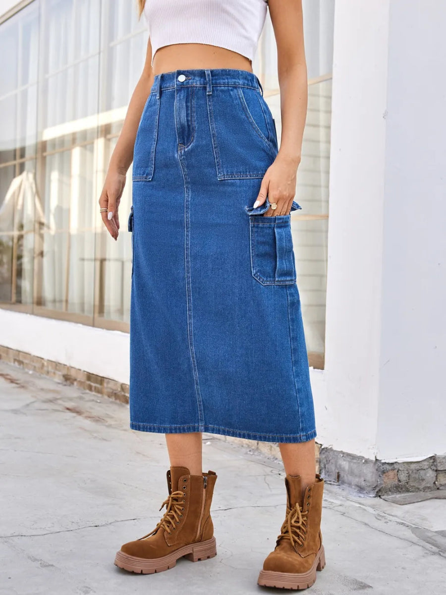 Slit Midi Denim Skirt with Pockets - Easy Pickins Store