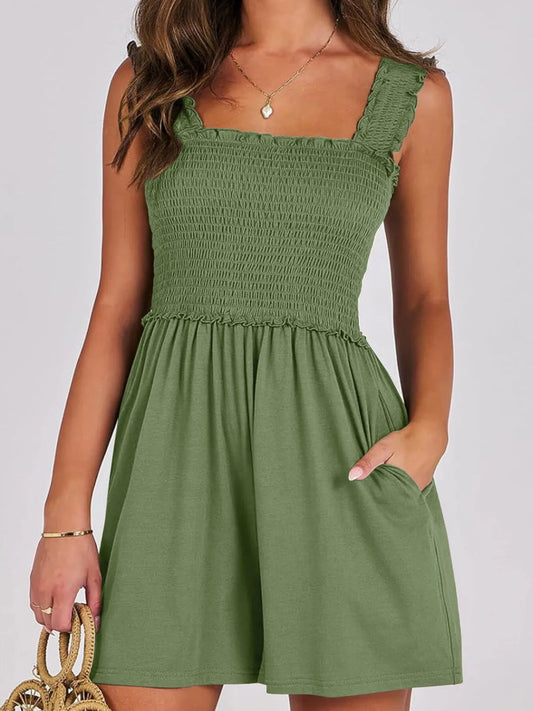 Smocked Square Neck Sleeveless Romper - Easy Pickins Store