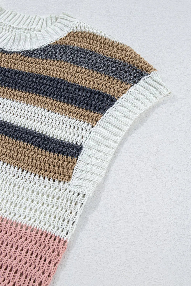 Stripe Color Block Eyelet Knit Short Sleeve Knit Top - Easy Pickins Store